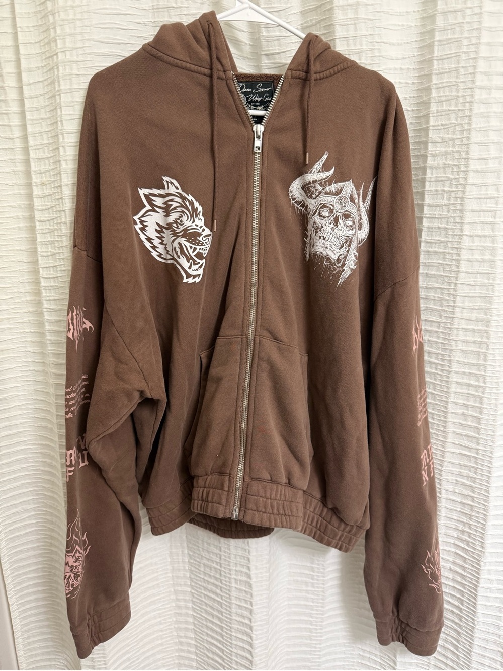 Darc Sport Valhalla Brown Graphic Zip-Up Hoodie with White Wolf & Skull Prints